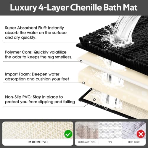 ACCUMTEK Striped Black Bathroom Rug Mat Set 2 piece 32"x20"+24"x17" Ultra Soft, Non Slip Chenille Bath Rugs, Absorbent Plush Shaggy Bath Mats for Bathroom, Bedroom, Kitchen, Shower, Tub - Image 5