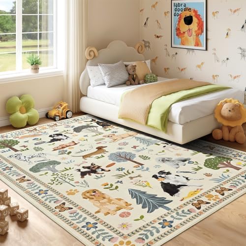 ST. BRIDGE 5x7 Living Room Rug, Washable Large Area Rug with Non Slip Backing, Soft Stain Resistant Dog Rugs, Low Pile Animal Indoor Carpet for Kids Room Bedroom Dining Room Home Office, Beige - Image 2