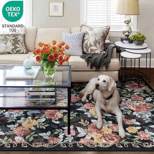 Washable 4x6 Area Rug, Navy Boho Floral Non-Slip for Kitchen, Entryway - Image 3