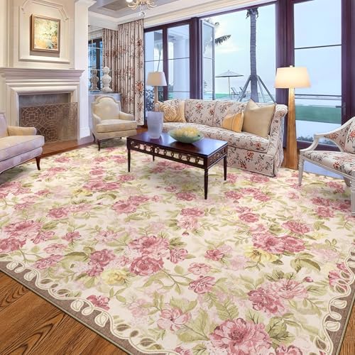 Washable 8x10 Area Rug, Cream Boho Floral Non-Slip for Living Room, Bedroom by GERUIMO