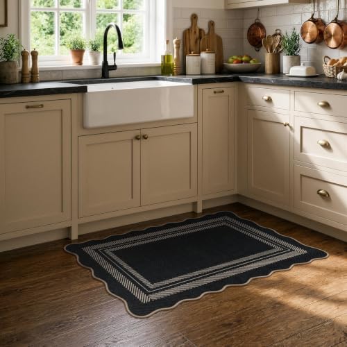 LIVEBOX Scalloped Easy Jute 2x3 Front Door Mat Black Kitchen Rug, Washable Small Indoor Outdoor Rug for Entryway, Tan Non Slip Farmhouse Area Rugs, Neutral Carpet Doormat for Porch Doorway Foyer - Image 3