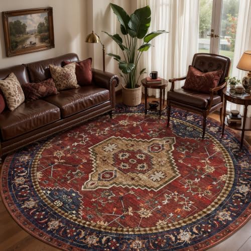 Tangsoo Red Large Round Area Rugs 6ft, Boho Washable Non Slip Circle Rug by Tangsoo