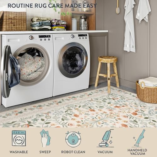 Lahome Beige Floral Washable Area Rug 8x10, Large Vintage Boho Carpet - Image 5