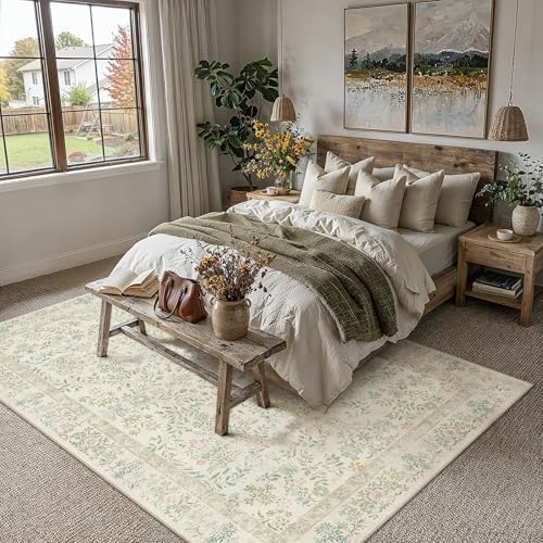PureCozy 6x9 Light Green Floral Area Rug Vintage Farmhouse Style - Image 3