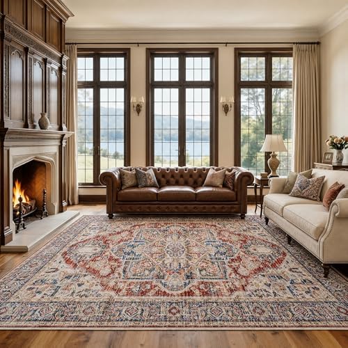 Amada Large 9x12 Washable Area Rug for Living Room, Red, Vintage Pattern - Image 4