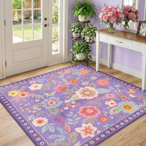 RELEANY Floral Washable Square 5ft Area Rug Purple/Pink by RELEANY