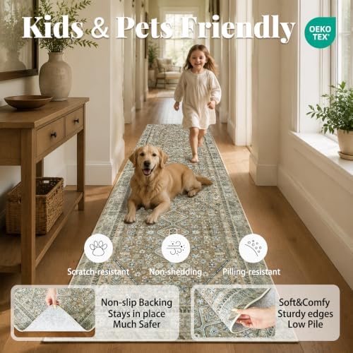 2'x6' Vintage Beige Brown Runner Rug, Washable Non-Slip Non-Shed Floor Mat - Image 3