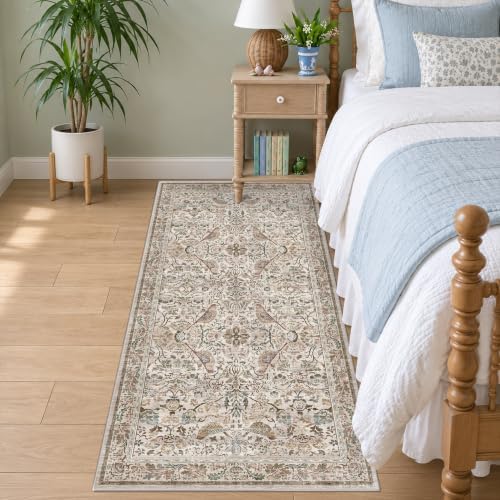 Moss 3x6 Washable Rug for Large Entryway - Boho Bird Rugs for Kitchen, Bedroom Bedside, Indoor Entrance Door Mat with Moody Woodland Flowers, Non-Slip Stain Resistant Low Pile - Image 3