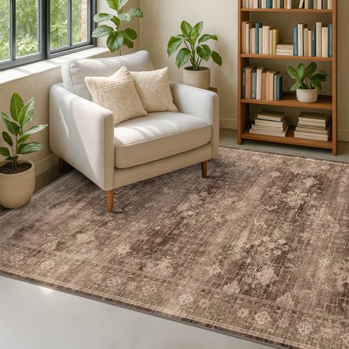 Boho Taupe Brown 4x6 Living Room Rug - Modern Traditional Oriental Neutral, Washable Low Pile Non-Slip Small Area Rugs for Entryway, Bedroom, Foyer, Mudroom by HazoHaus