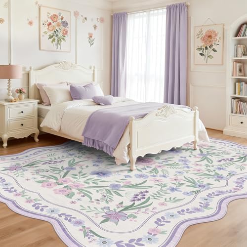 Scalloped Floral Rug 5x8,Purple Lavender Washable Girls Bedroom Rug - Image 2
