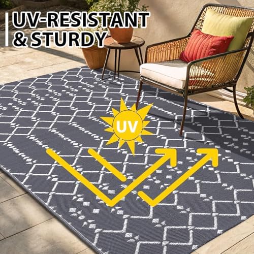 Smiry Outdoor Rug 5x8 ft Waterproof Reversible Boho Mat, Grey - Image 4