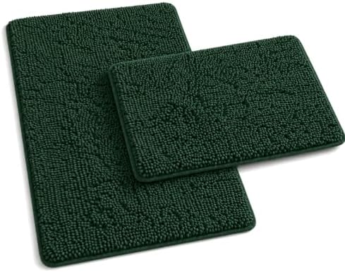 2 Piece Bath Rugs for Bathroom Non Slip - Soft Plush Shaggy Mats Floor, Indoor Entryway Extra Soft Chenille Bath Mat Absorbent Bathroom Rug（Dark Green） by RUNHELIX