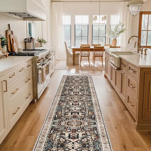 Washable Hallway Runner Rug 2x10: Non-Slip Kitchen Entryway Rugs Indoor Soft Low Pile Stain Resistant Carpet for Bedroom Laundry Ultra-Thin Vintage Home Decor Floor Mat for Bathroom (Black, 2 x 10) by RUUGME