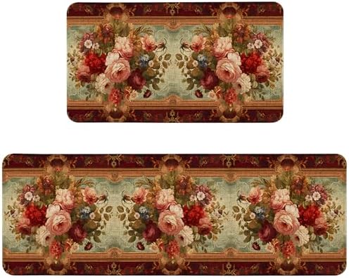 Retro Farmhouse Spring Floral Kitchen Rugs Sets of 2 Non Slip Washable, Country Vintage Flower Summer Spring Floral Kitchen Mats for Floor 2 Piece Home Decor by Unknown