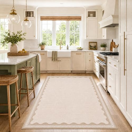 GarveeHome Scalloped 4x6 Rug Non-Slip Washable Low-Pile Carpet - Solid Beige Modern Rugs for Bedroom Living Room Nursery Kitchen Entryway Indoor Mat with Rubber Back by GarveeHome