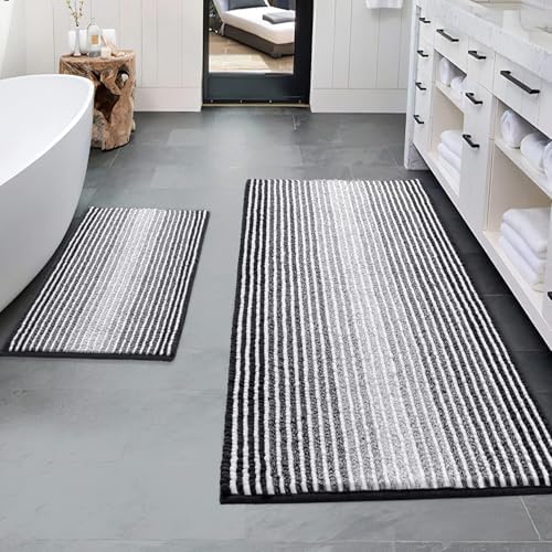 BSICPRO Bathroom Rugs Sets 2 Piece, Non Slip Striped Bath Mats, Black by BSICPRO