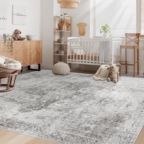Area Rug 6x9 Washable Rug, Vintage Boho Medallion Rugs Non-Slip Soft Low Pile Large Distressed Rug Indoor Retro Carpet for Living Room Bedroom Dining Room Home Office (Grey, 6'x9') - Image 3