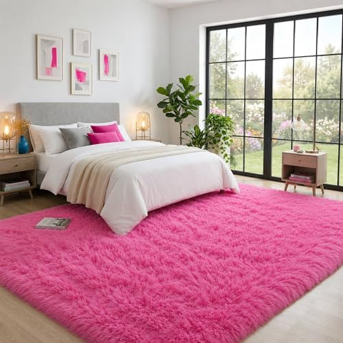 6x9 Ft Hot Pink Fluffy Area Rug for Living Room, Soft Washable by OHWPEAT