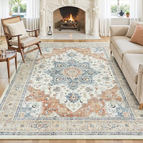 5x7 Area Rugs for Living Room, Boho Washable Rug Beige & Orange by Vibrug