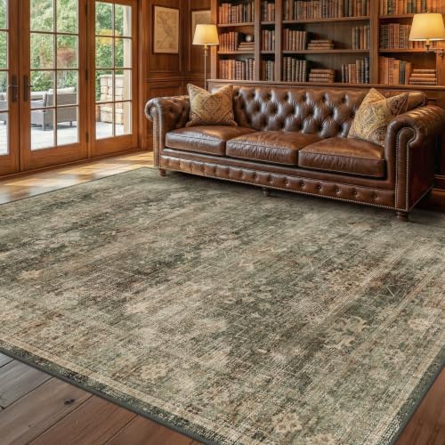 Farmhouse 6x9 Moss Green Area Rug for Dining Room, Living Room & Bedroom, Dark Academia Vintage Distressed Geometric Design, Machine Washable, Low Pile, Non Slip, Ultra Soft, Stain Resistant by Unknown
