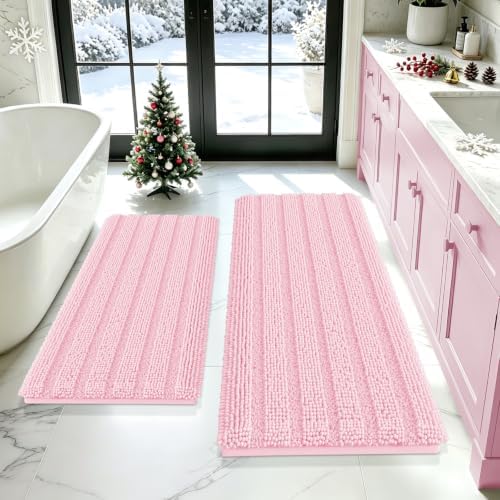 ACCUMTEK Christmas Striped Pink Bathroom Rug Mat Set 2 piece 24"x17"+48"x20" Ultra Soft, Non Slip Chenille Bath Rugs, Absorbent Plush Shaggy Bath Mats for Bathroom, Bedroom, Kitchen, Shower, Tub by ACCUMTEK