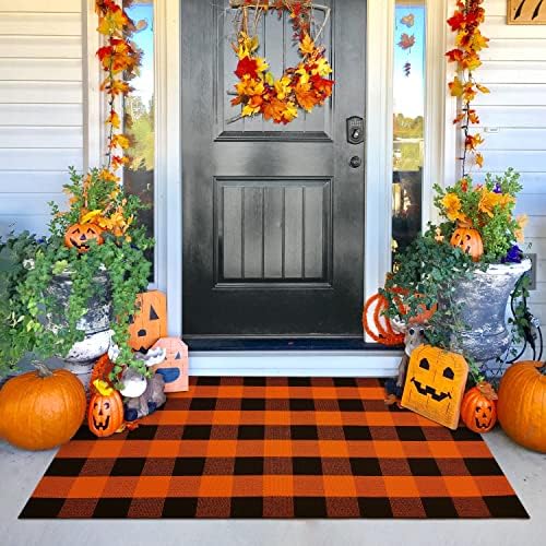 KILOCOCO 3'x5' Fall Orange Black Buffalo Plaid Rug Halloween Front Door Rug by Kilococo
