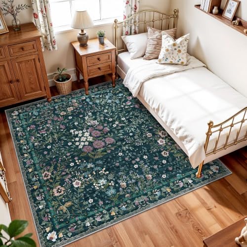 6x6 Washable Area Rug Living Room: Floral Non-Slip Washable Mat for Indoor Floor Dining Room Bedroom High Traffic Area - Soft Low Pile Carpet for Vintage Boho Home Decor (6ft Square, Green) - Image 5