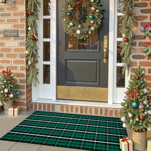 OJIA Christmas Door Mat Outdoor 24"x51" Green Plaid Front Door Porch Rug - Image 3