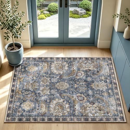 RUGSURE Washable Area Rugs - Perfect for Living Room, Bedroom, Kids Room, Nursery - Stain & Water Resistant Non-Slip, Pet & Child Friendly, Vintage Tribal Area Rugs (Navy, 3' x 5 ') - Image 2