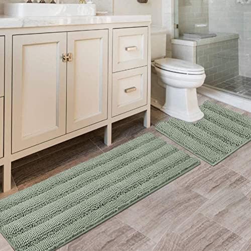 H.VERSAILTEX Bathroom Rugs Bath Rug Set 2 Piece Bathroom Contour Rug Toilet Mat Sets Non Slip Contour Bath Rug Ultra Thick Water Absorbent Striped Bath Mats Washable(47" x 17" Plus 20" x 20" U, Sage) by HVERSAILTEX