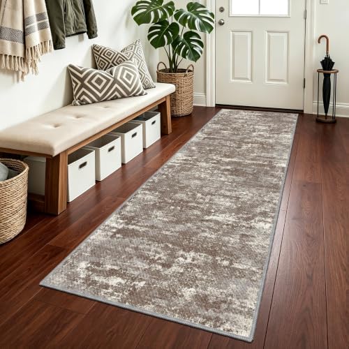Hallway Runner Rug 2x6 Textured Non Slip Carpet Runner, Abstract Brown by TTelephant
