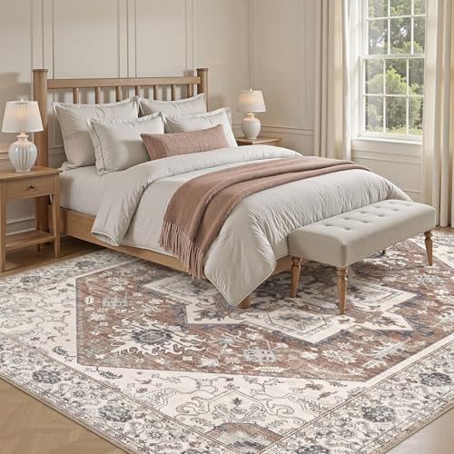Area Rug 7x9 for Living Room - Washable Oriental Vintage Floral Distressed Large Indoor Carpets with Non Slip Back for Bedroom Dining Room Nursery Office Home Decor -Terracotta/Brown - Image 6