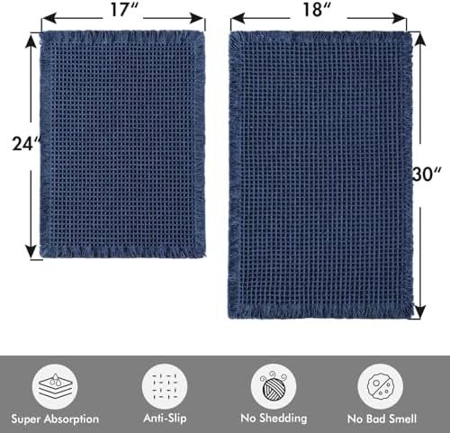 MIULEE Set of 2 Waffle Bathroom Rugs Navy Blue Bath Mat 17"x24"+18"x30" - Image 2