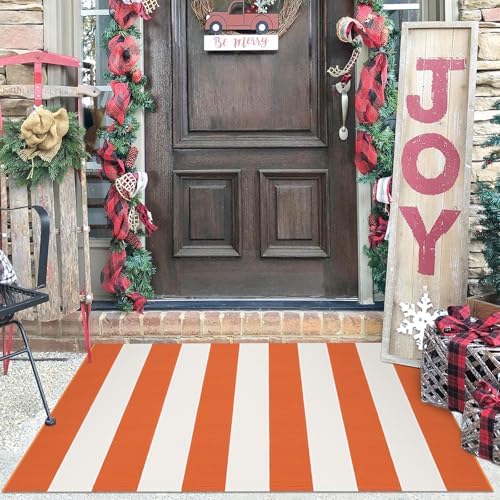 KILOCOCO 2.3'x3.6' Fall Orange Rugs Woven Striped Halloween Front Door Mat - Image 3