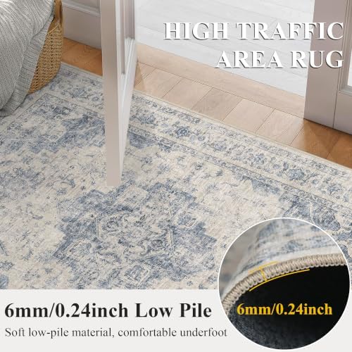 Washable 9x12 Bedroom Area Rug Soft Medallion Retro Blue Large Carpet - Image 6