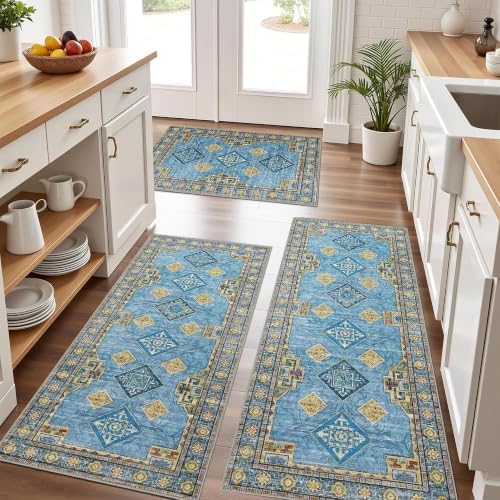 Kitchen Rugs Sets of 3 Non Slip Washable Kitchen Mats for Floor, Light Blue by Tritard
