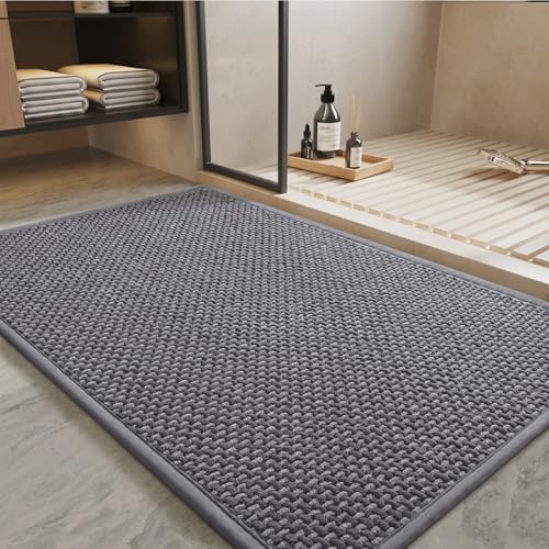 PADOOR-Bath Mat-Super Absorbent Chenille Bathroom Mats-Rubber Backed Bath Mats for Bathroom Non Slip, Easy Clean Bathroom Rugs Front of Bathtub,Shower Room,Sink-17×28, Grey&Darkgrey by PADOOR