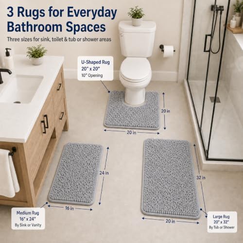 RUN HELIX 3 Piece Bathroom Rug Set Non Slip 3 Piece Bath Rug Set Ultra Soft Bath Rug,Absorbent Shaggy Bath Mat,Perfect Plush Bathroom Mats Sets with U-Shaped Toilet Mat - Image 2