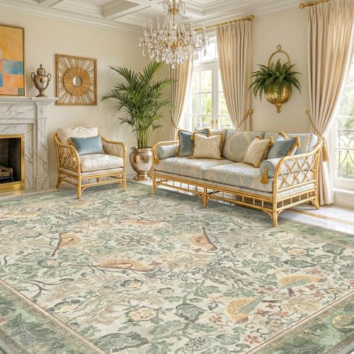Hazo Haus Washable Floral Bird Rugs for Living Room - Sage Green 8x10 Area Rugs for Bedroom Under Bed, Dining Room Kitchen Table Rug for Under Table, Nature Botanical Decor, Stain Resistant Non-Slip by HazoHaus