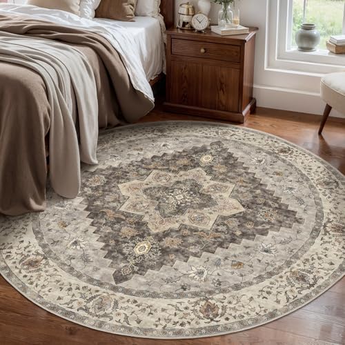 Tangsoo Washable Round Area Rugs 5ft, Vintage Non Slip Circle Rug Low Pile - Image 2
