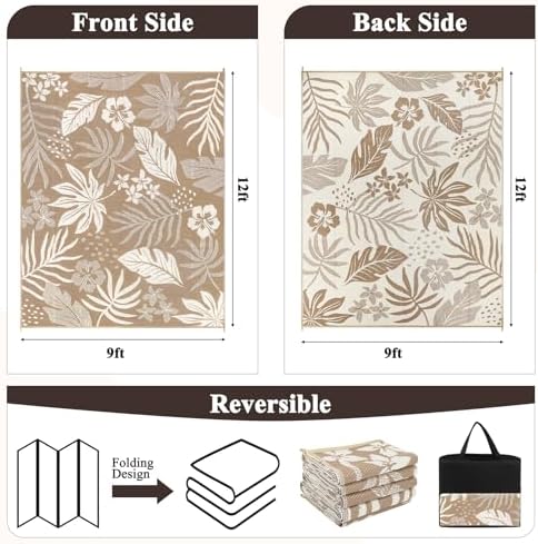 Pauwer Waterproof Outdoor Rug 9x12, Plastic Straw Patio Rug, Floral Brown - Image 2