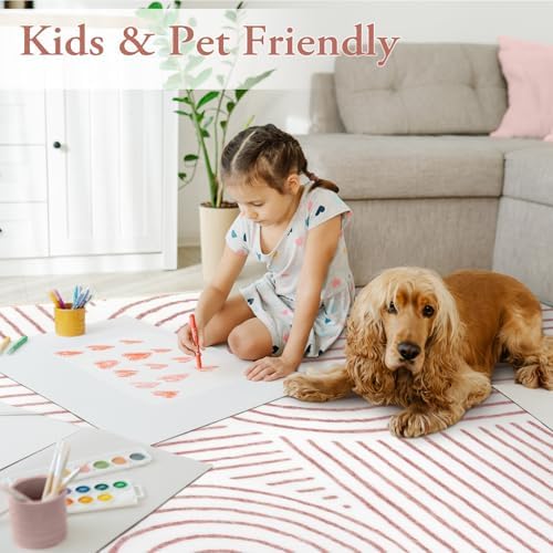Lahome Abstract Pink and White Rugs for Bedroom Girls, Soft Washable Rugs - Image 4
