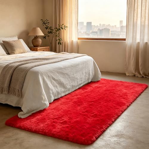 Shag Runner Rug for Bedroom Living Room 3x7 Upgrade Non-Slip Fluffy Soft Bedside Rugs,Red Shaggy Carpet for Livingroom Dorm Home Decor Aesthetic - Image 3