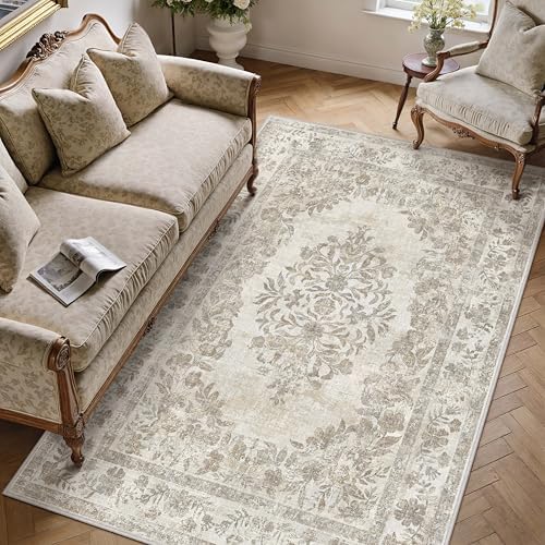 PureCozy 5x8 Washable Area Rug Living Room Cream Beige Vintage Carpet - Image 4