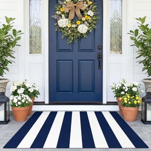 KOZYFLY Blue and White Area Rug 27.5x43 Inches Striped Front Door Rug by KOZYFLY