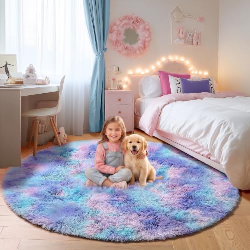 ONASAR Rainbow Round Area Rugs 5ft, Soft Bedroom Circle Rug Mats for Kids Girls Teen Room, Mermaid Fluffy Plush Shaggy Carpet for Baby Nursery Living Room Playroom Home Decor Princess Castle by ONASAR