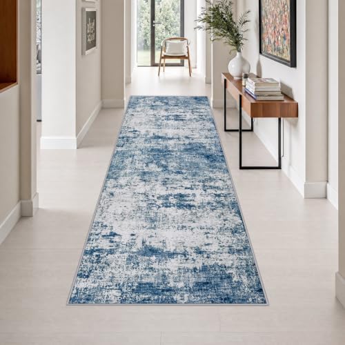3x10 Washable Runner Rug：Modern Abstract Kitchen Soft Carpet Blue by FXRHLP