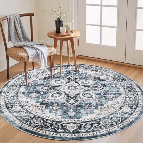 Amada Round 4x4 Washable Area Rug for Living Room, Blue, Vintage Style by AMADAHOMEFURNISHING