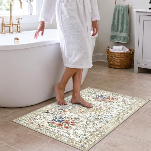 Washable Kitchen Runner Rug 2x4: Vintage Floral Rug for Laundry Room Entryway - Machine Washable Non Slip Low Pile Carpet - Soft Foldable Runner for High Traffic Areas - 2'x4' Beige - Image 4