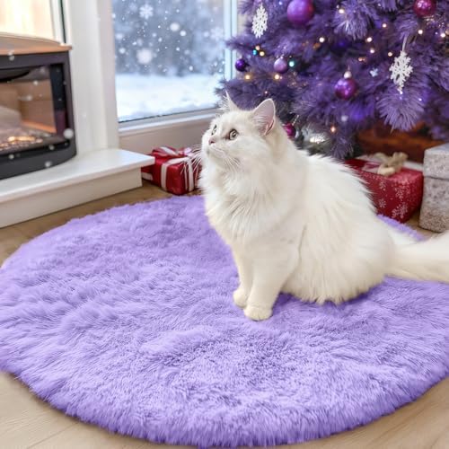OLANLY Light Purple Round Rugs for Bedroom - Machine Washable, 3 ft Circle Area Rugs for Living Room, Soft and Fluffy Shaggy Carpet for Teen Girls and Boys, Nursery Rooms, Dorms, Home Decor Aesthetic by OLANLY